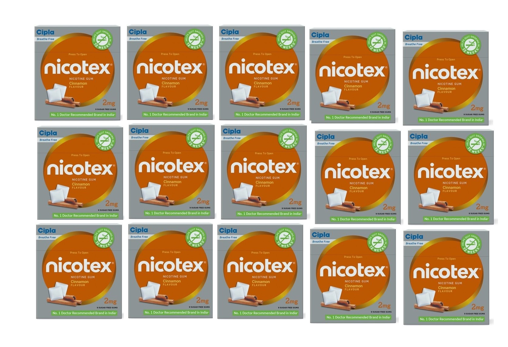 Cipla Nicotex 2mg Cinnamon Flavour Nicotine Gum Pack of 15 boxes