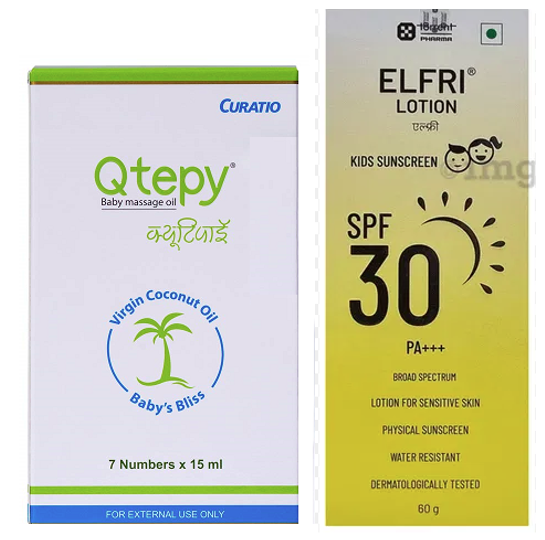 Qtepy Baby Massage Oil - 7x15ml With Elfri Kids Sunscreen Lotion - 60gm Combo