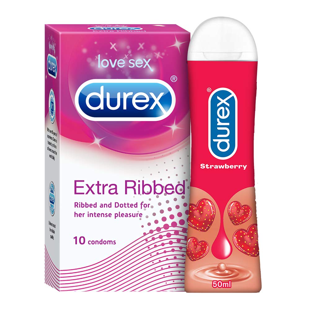 Durex Pleasure Packs Durex Strawberry 50ml, Extra Ribbed 10s combo