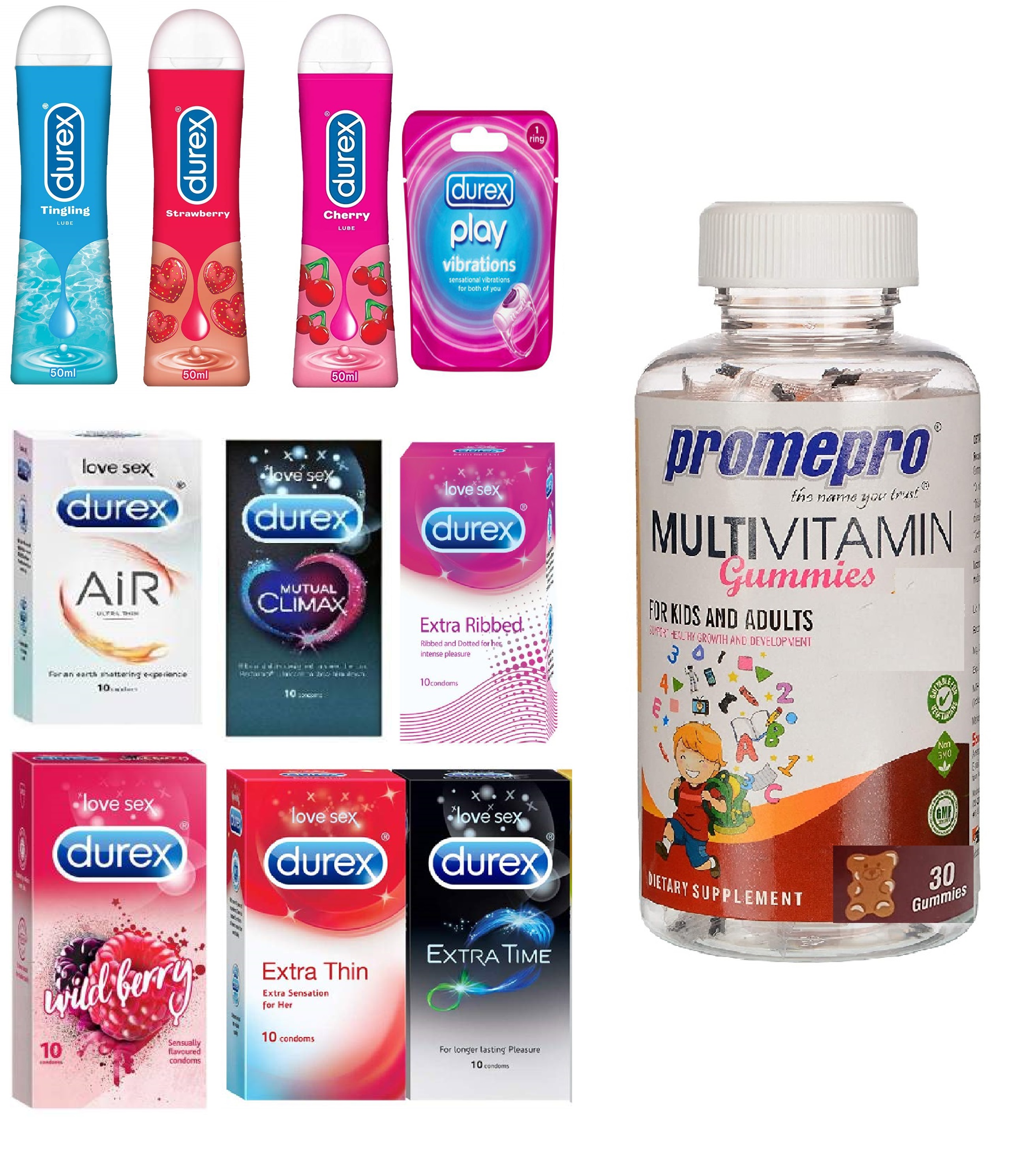 Durex Honeymoon Pack (Lubes 3x50ml)(Ring 1Pc)(Condoms Assorted 6x10`s) (1 Gummies 30`s Free)