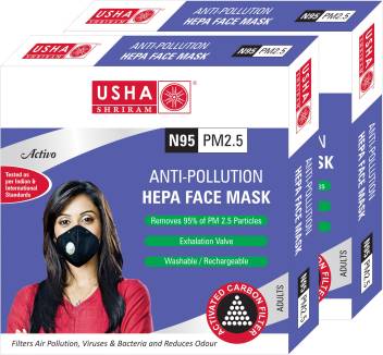 Usha Shriram Activo N95 PM2.5 HEPA Anti Pollution Face Mask - USHA SHRIRAM - Pack of 2