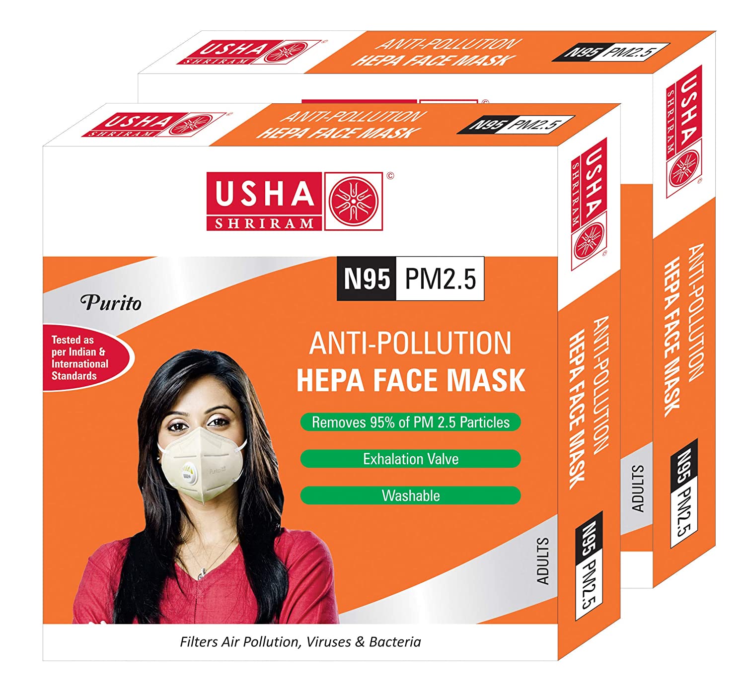 Usha Shriram Purito N95 PM2.5 HEPA Anti Pollution Face Mask - USHA SHRIRAM - Pack of 2