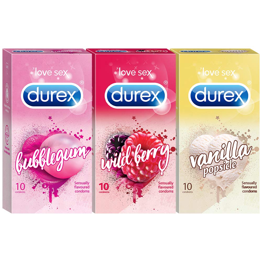 Durex Flavoured Condoms Honeymoon Pack 30 Count  Bubblegum, Wildberry, Vanilla Popsicle