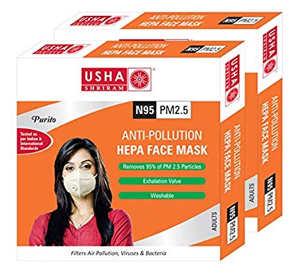 USHA SHRIRAM Purito N95 PM2.5 HEPA Anti Pollution Face Mask - Pack of 2