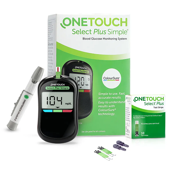 OneTouch Select Plus Simple Glucometer (Free 10 strips + Lancing Device + 10 Lancets), 1 Kit