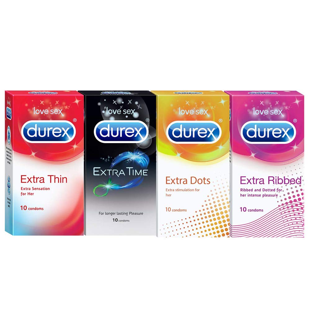 Durex Pleasure Packs - 10 Count  Pack of 4, Extra Thin, Extra Time, Extra Dots, Extra Ribbed Combo 